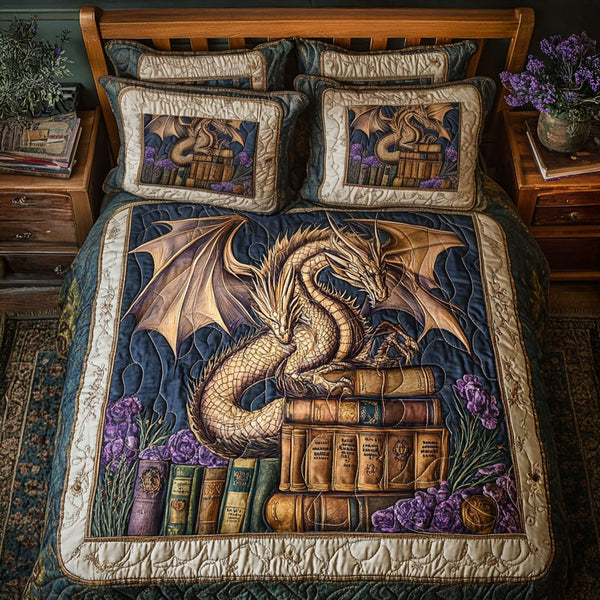 Fabled Wings quilted 3-piece bedding set on a made bed with two matching pillow shams