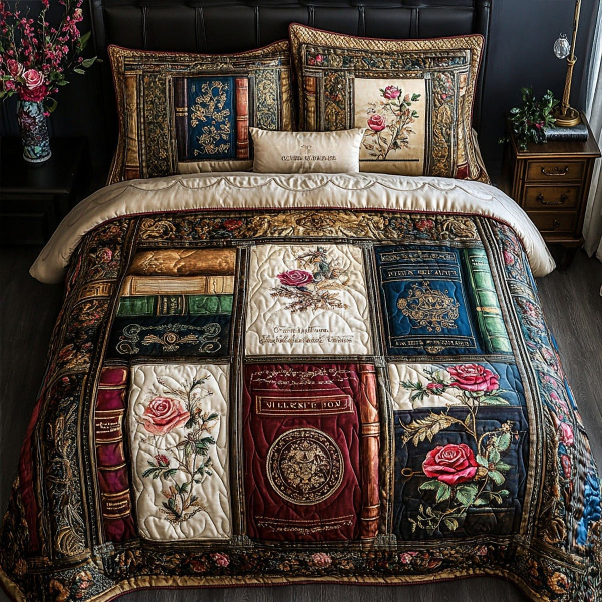 Faded Pages quilted 3-piece bedding set on a made bed with two matching pillow shams