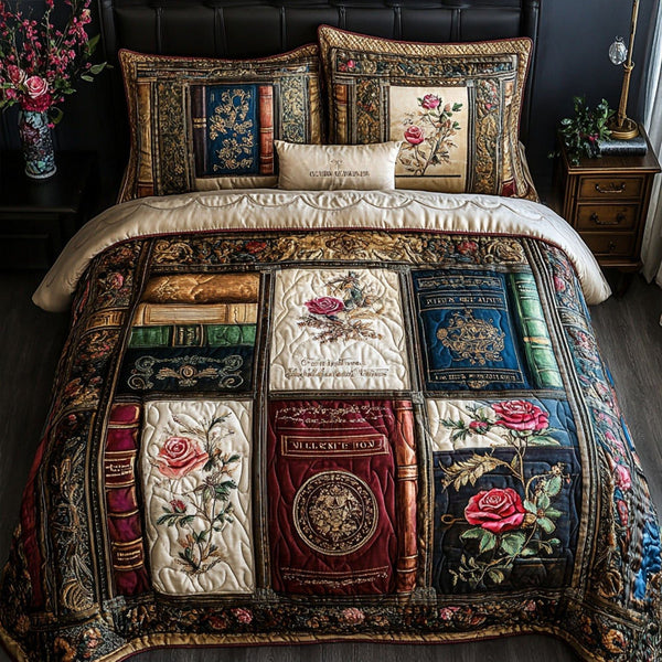 Faded Pages quilted 3-piece bedding set on a made bed with two matching pillow shams