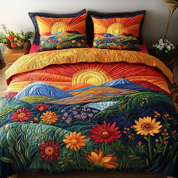 Fading Sunlight Blossoms quilted 3-piece bedding set on a made bed with two matching pillow shams