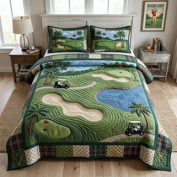 Fairway Club quilted 3-piece bedding set on a made bed with two matching pillow shams