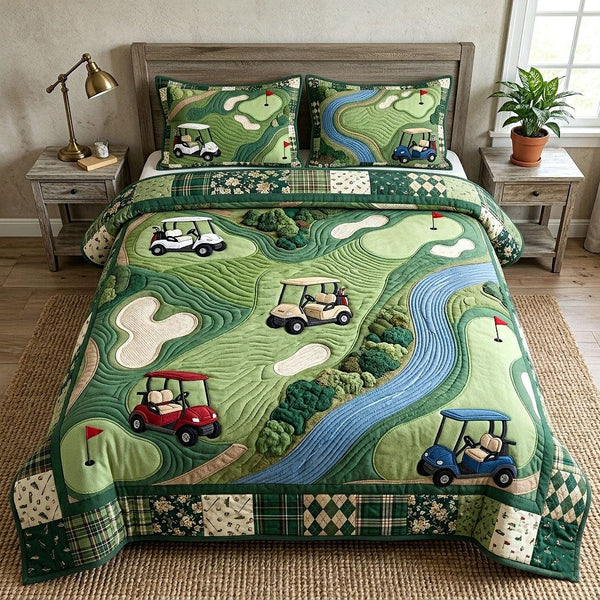 Fairway Club quilted 3-piece bedding set on a made bed with two matching pillow shams