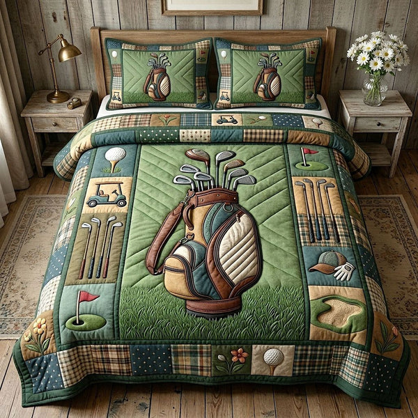 Fairway Club quilted 3-piece bedding set on a made bed with two matching pillow shams