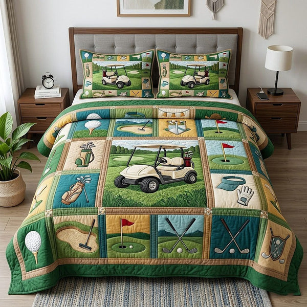 Fairway Club quilted 3-piece bedding set on a made bed with two matching pillow shams