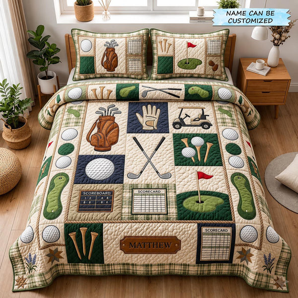 Fairway Dreams 3-Piece Quilted Bedding Set quilted 3-piece bedding set on a made bed with two matching pillow shams