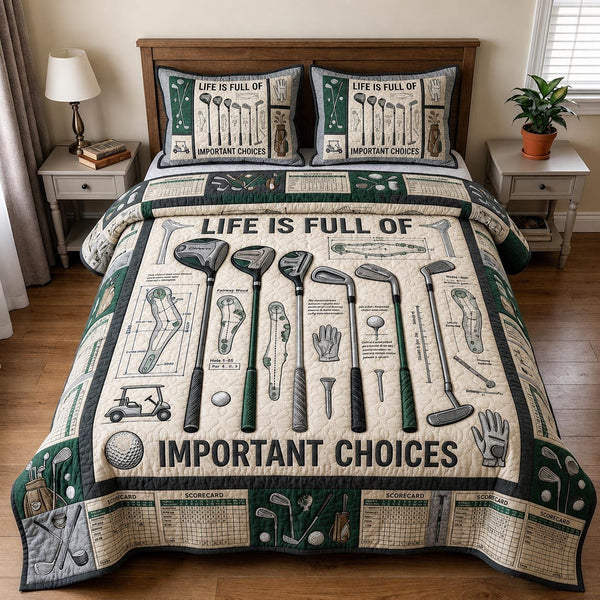 Fairway Dreams quilted 3-piece bedding set on a made bed with two matching pillow shams