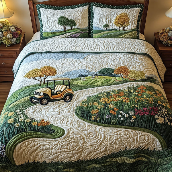 Fairway Dreams quilted 3-piece bedding set on a made bed with two matching pillow shams