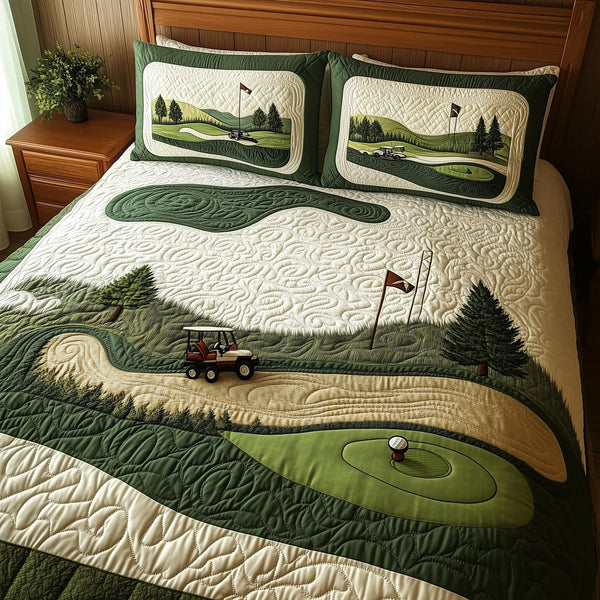 Fairway Dreams quilted 3-piece bedding set on a made bed with two matching pillow shams