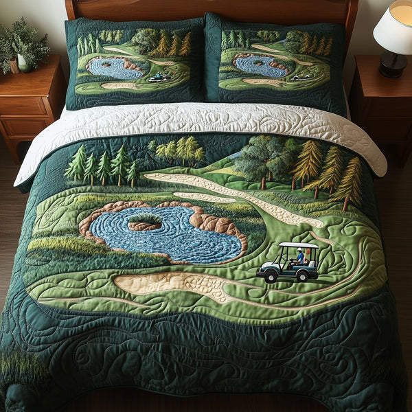 Fairway Freedom quilted 3-piece bedding set on a made bed in a warmly lit bedroom