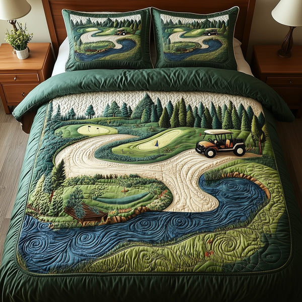 Fairway Freedom quilted 3-piece bedding set on a made bed in a warmly lit bedroom