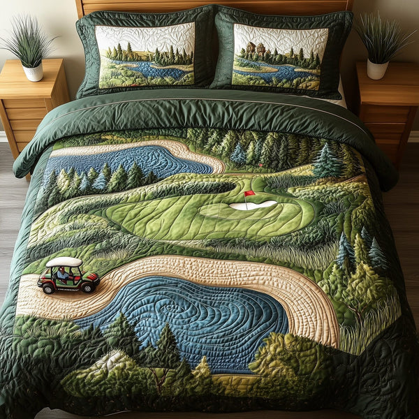 Fairway Freedom quilted 3-piece bedding set on a made bed in a warmly lit bedroom