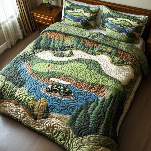 Fairway Freedom quilted 3-piece bedding set on a made bed in a warmly lit bedroom