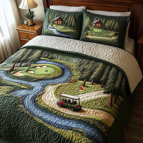 Fairway Freedom quilted 3-piece bedding set on a made bed in a warmly lit bedroom