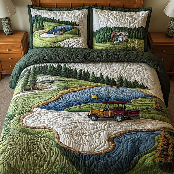 Fairway Freedom quilted 3-piece bedding set on a made bed in a warmly lit bedroom