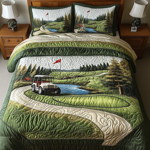 Fairway Freedom quilted 3-piece bedding set on a made bed in a warmly lit bedroom