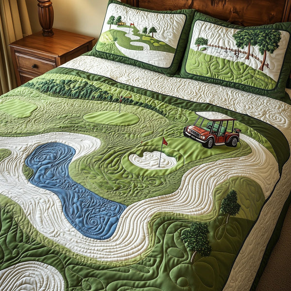 Fairway Freedom quilted 3-piece bedding set on a made bed in a warmly lit bedroom