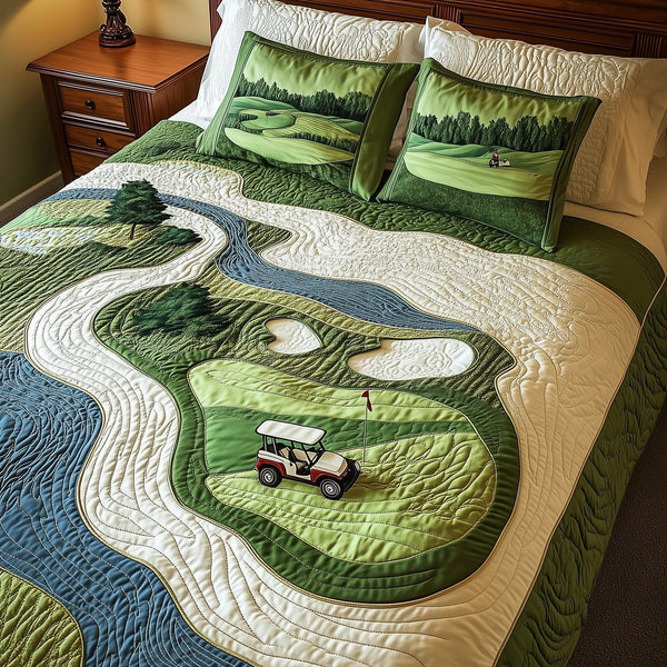 Fairway Freedom quilted 3-piece bedding set on a made bed in a warmly lit bedroom