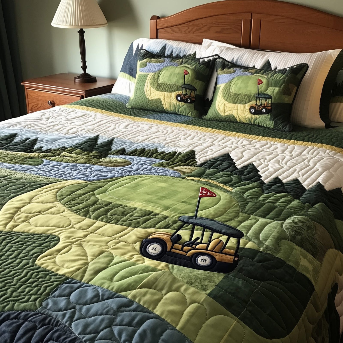 Fairway Freedom quilted 3-piece bedding set on a made bed in a warmly lit bedroom
