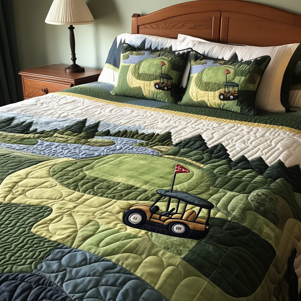 Fairway Freedom quilted 3-piece bedding set on a made bed in a warmly lit bedroom