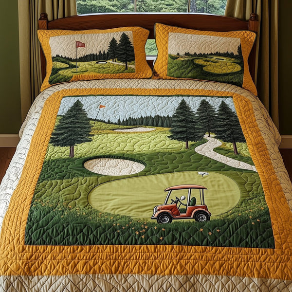 Fairway Serenity quilted 3-piece bedding set on a made bed with two matching pillow shams
