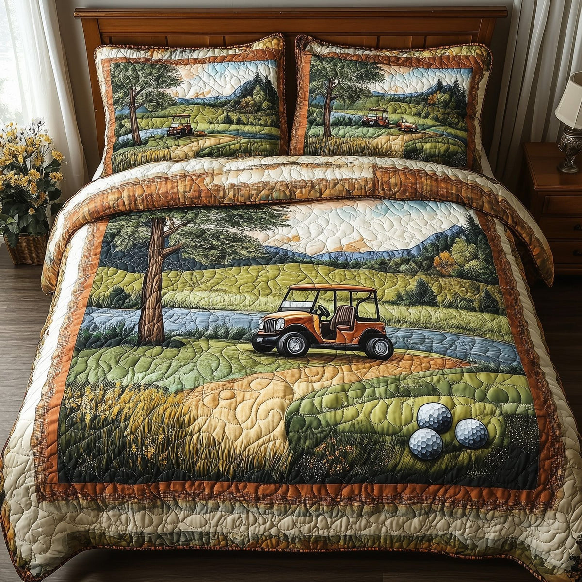Fairway Serenity quilted 3-piece bedding set on a made bed with two matching pillow shams