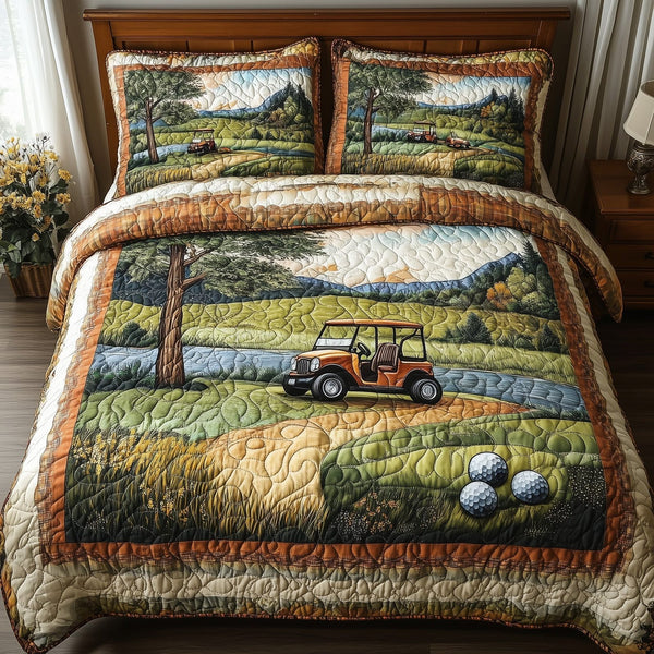 Fairway Serenity quilted 3-piece bedding set on a made bed with two matching pillow shams
