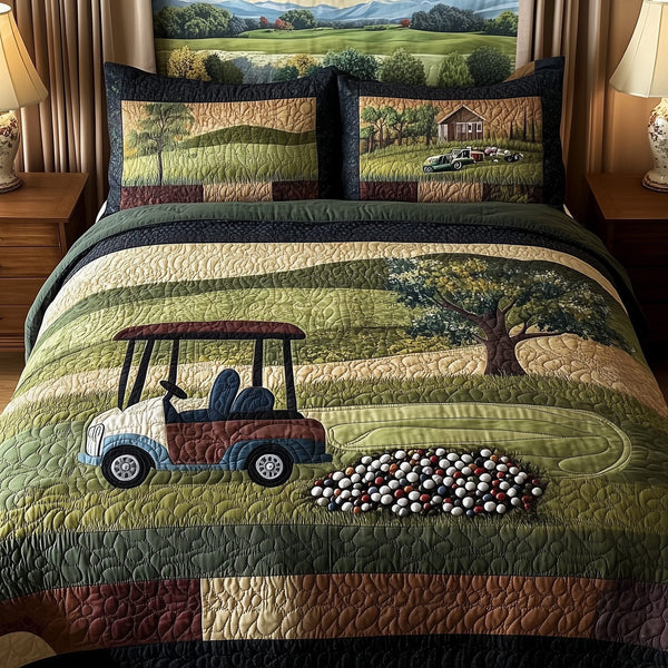 Fairway Serenity quilted 3-piece bedding set on a made bed with two matching pillow shams