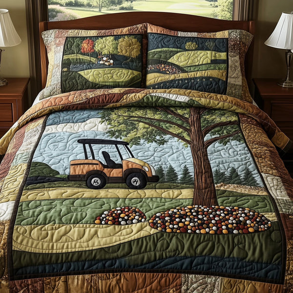 Fairway Serenity quilted 3-piece bedding set on a made bed with two matching pillow shams