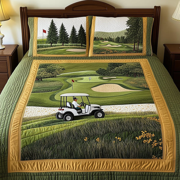 Fairway Serenity quilted 3-piece bedding set on a made bed with two matching pillow shams