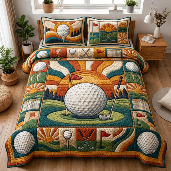 Fairway Spirit quilted 3-piece bedding set on a made bed with two matching pillow shams