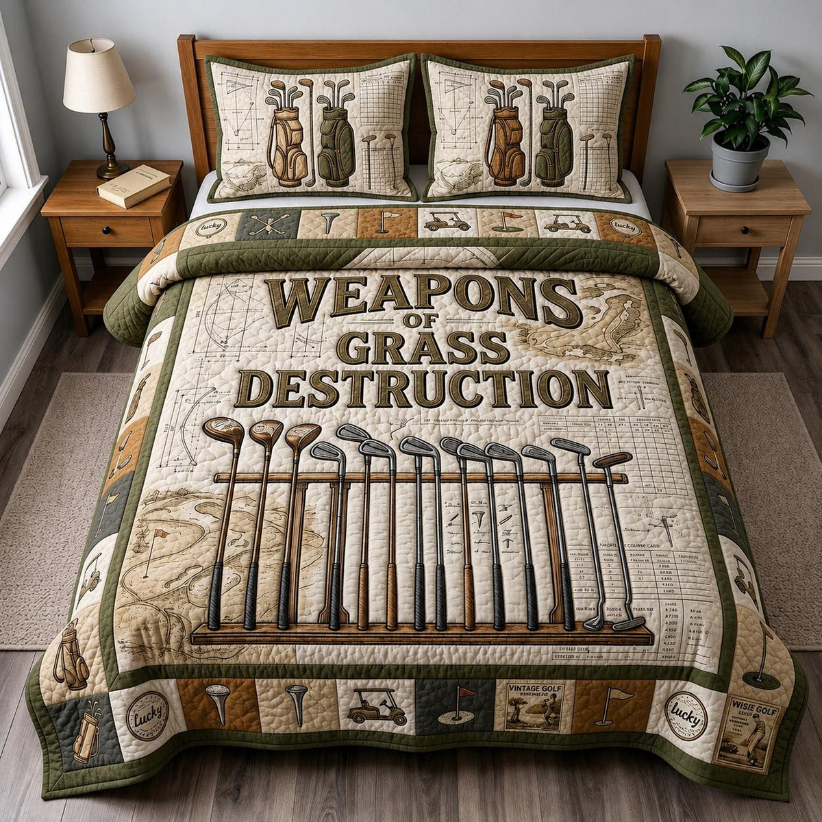 Fairway Spirit quilted 3-piece bedding set on a made bed with two matching pillow shams