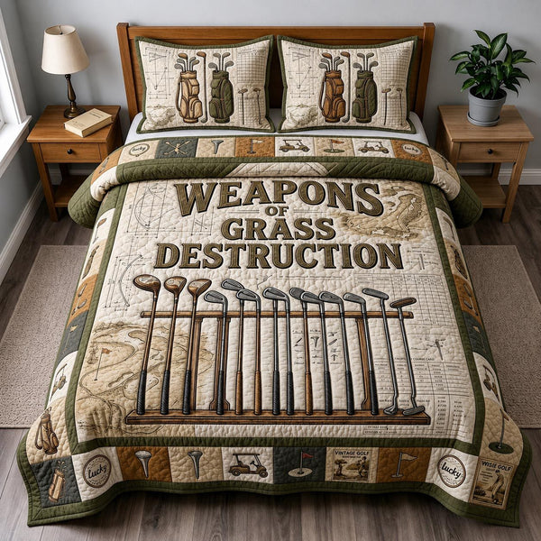 Fairway Spirit quilted 3-piece bedding set on a made bed with two matching pillow shams