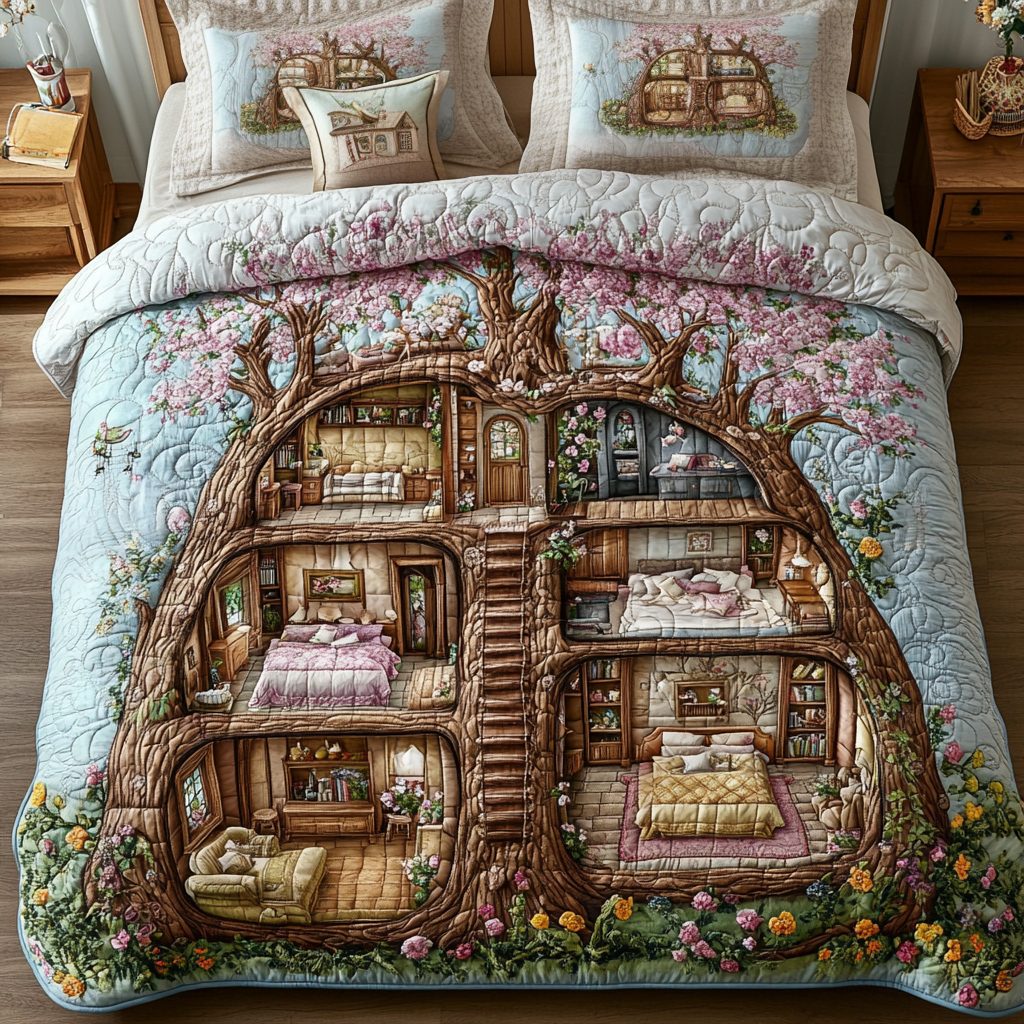 Fairy Dwelling quilted 3-piece bedding set on a made bed with two matching pillow shams