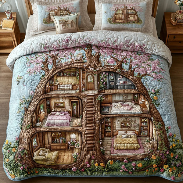 Fairy Dwelling quilted 3-piece bedding set on a made bed with two matching pillow shams