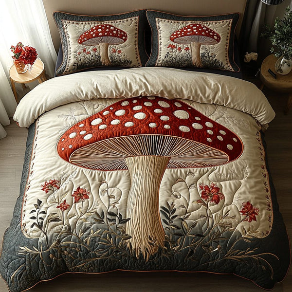 Fairy Forest Mushrooms quilted 3-piece bedding set on a made bed with two matching pillow shams