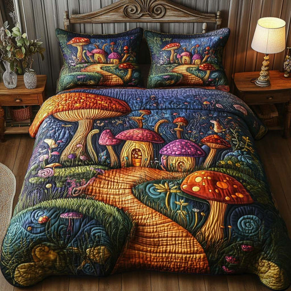 Fairy Fungi quilted 3-piece bedding set on a made bed with two matching pillow shams