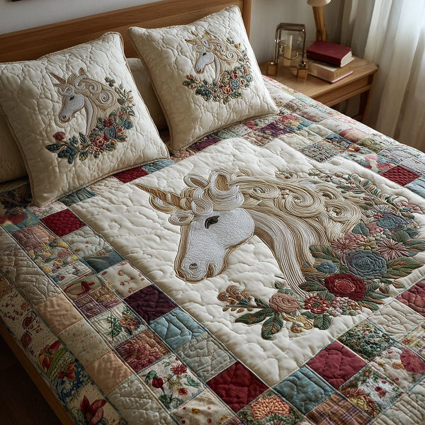 Fairy Horse Bloom quilted 3-piece bedding set on a made bed in a rustic timber bedroom