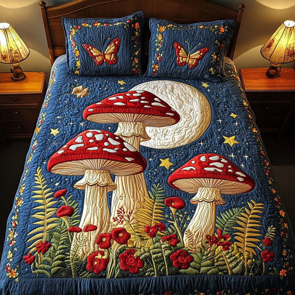 Fairy Mushroom Field quilted 3-piece bedding set on a made bed with two matching pillow shams