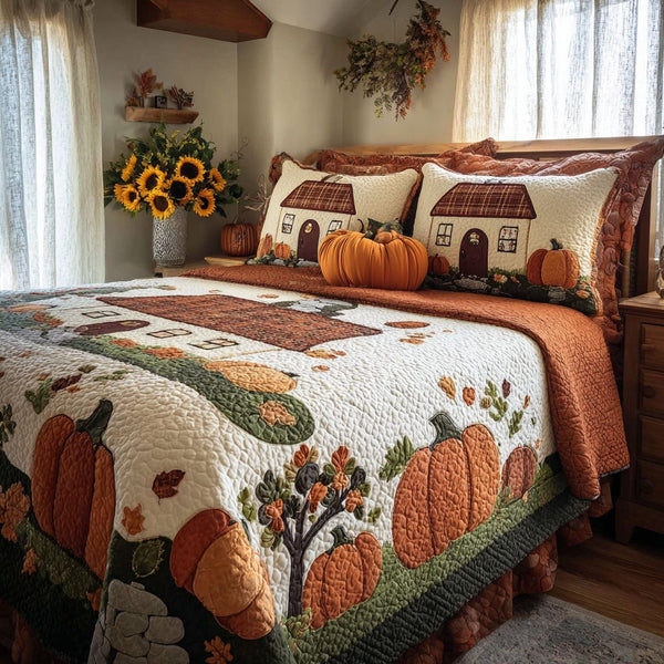 Fairy Patch Cottage quilted 3-piece bedding set on a made bed in a farmhouse bedroom