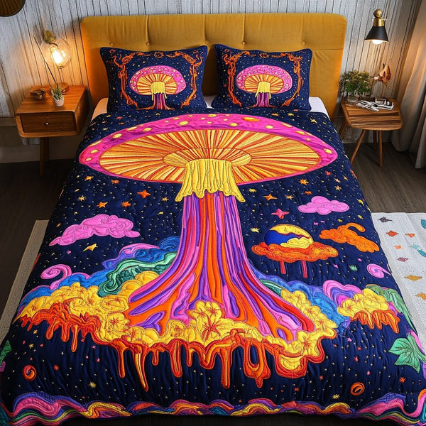 Fairy Shroom quilted 3-piece bedding set on a made bed with two matching pillow shams