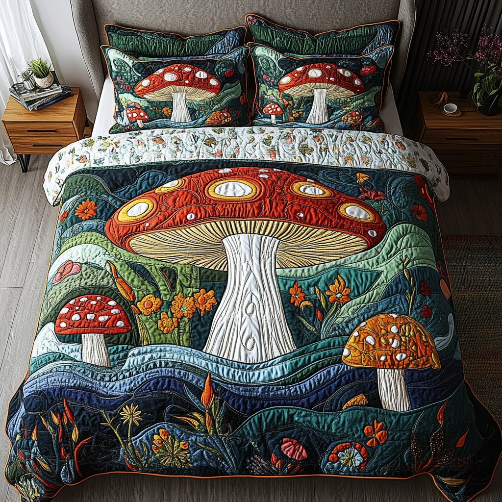 Fairy Shroom quilted 3-piece bedding set on a made bed with two matching pillow shams