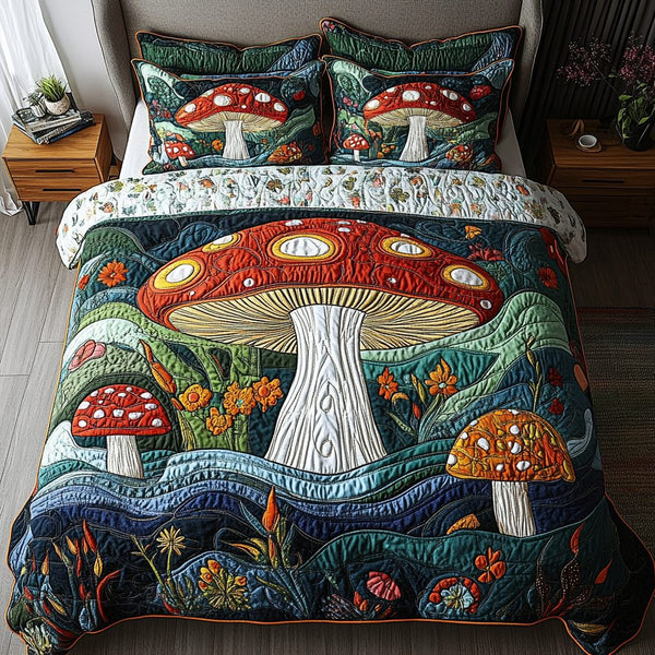 Fairy Shroom quilted 3-piece bedding set on a made bed with two matching pillow shams