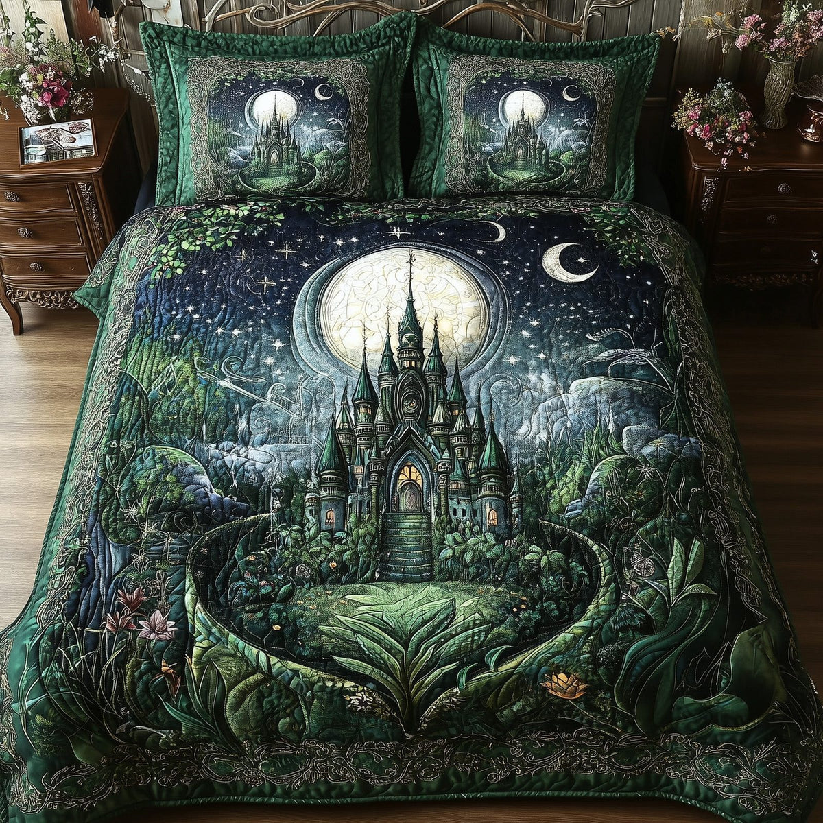 Fairytale Castle quilted 3-piece bedding set on a made bed with two matching pillow shams