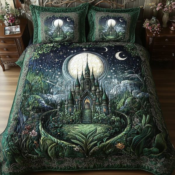 Fairytale Castle quilted 3-piece bedding set on a made bed with two matching pillow shams