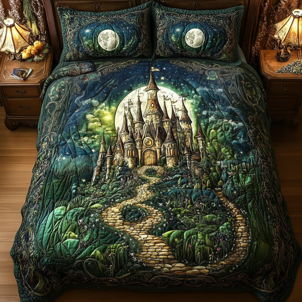 Fairytale Castle quilted 3-piece bedding set on a made bed with two matching pillow shams