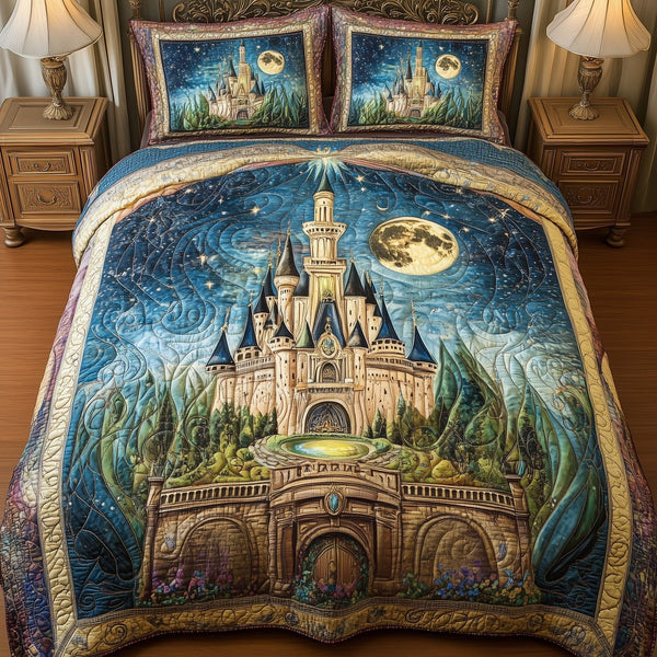 Fairytale Castle quilted 3-piece bedding set on a made bed with two matching pillow shams