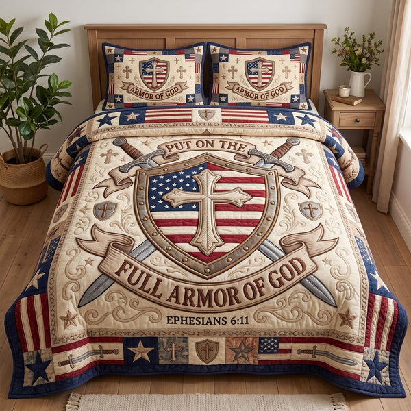 Faith America quilted 3-piece bedding set on a made bed in a warmly lit bedroom