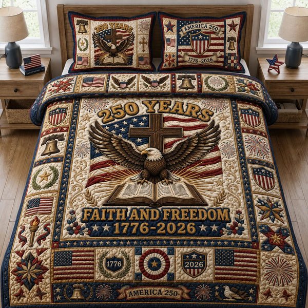 Faith And Freedom quilted 3-piece bedding set on a made bed in a warmly lit bedroom