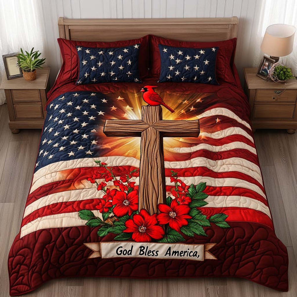 Faith and Freedom quilted 3-piece bedding set on a made bed in a warmly lit bedroom
