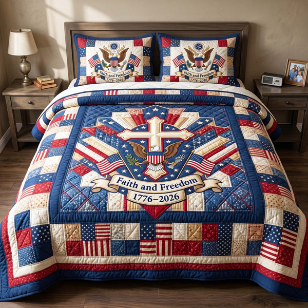 Faith Banner quilted 3-piece bedding set on a made bed in a softly lit bedroom